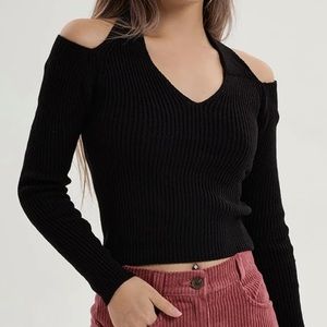 NWOT Black knit v neck halter off the shoulder sweater